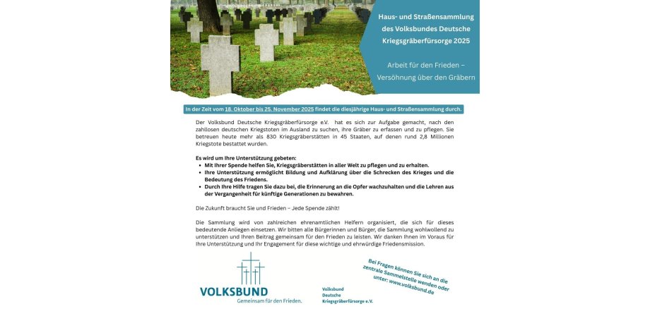 Haus- und Straßensammlung des Volksbundes Deutsche Kriegsgräberfürsorge 2025 Arbeit für den Frieden – Versöhnung über den Gräbern Liebe Mitbürgerinnen und Mitbürger, der Volksbund Deutsche Kriegsgräberfürsorge e.V. führt in der Zeit vo... (Instagram Post) - 1